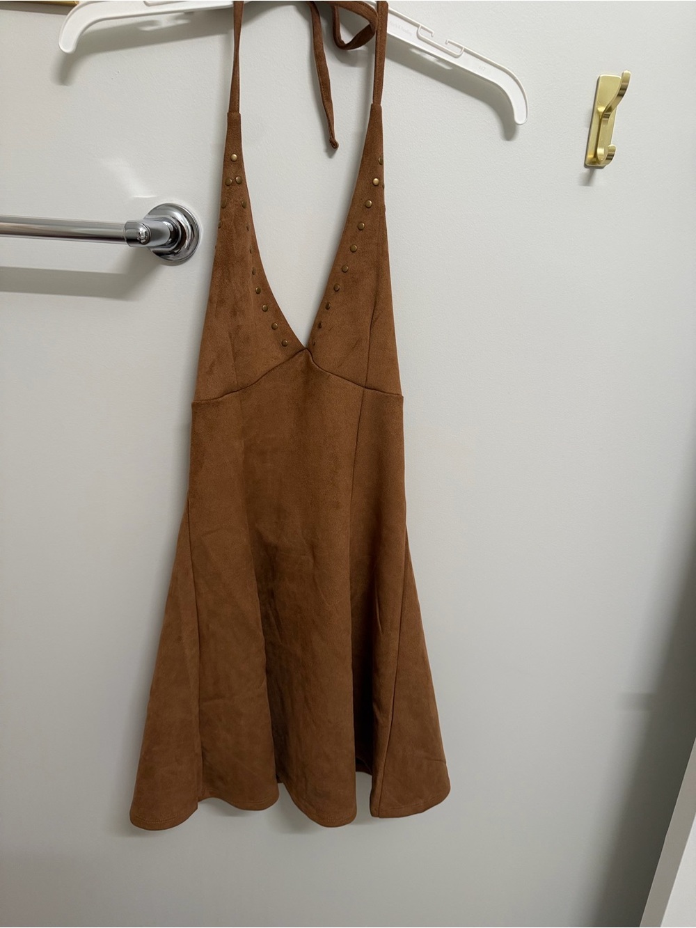 Madden Girl Brown Suede-Look Halter Mini Dress with Stud Accents